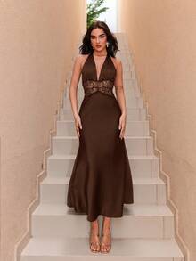 Bris Aura Black Sexy Deep V-Neck Lace Patchwork Fishtail Satin Dress Summer Party - Coffee Brown - View 1