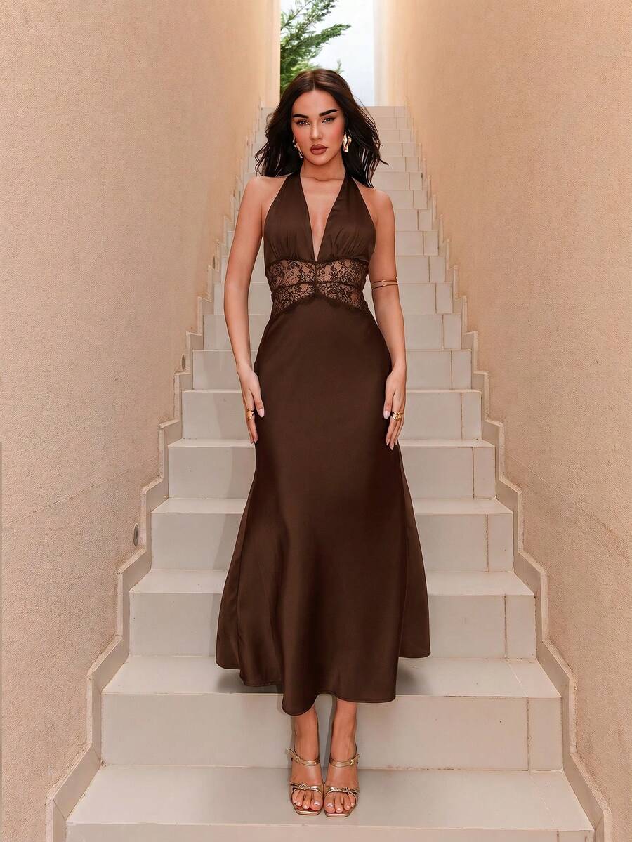 Bris Aura Black Sexy Deep V-Neck Lace Patchwork Fishtail Satin Dress Summer Party - Coffee Brown - View 1