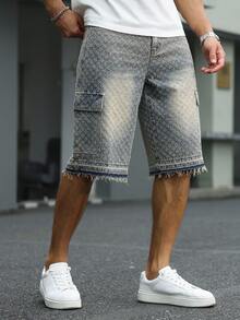 Manfinity Roughcore Men's Summer Casual Washed Frayed Hem Denim Shorts, Holiday - Light Wash - View 6