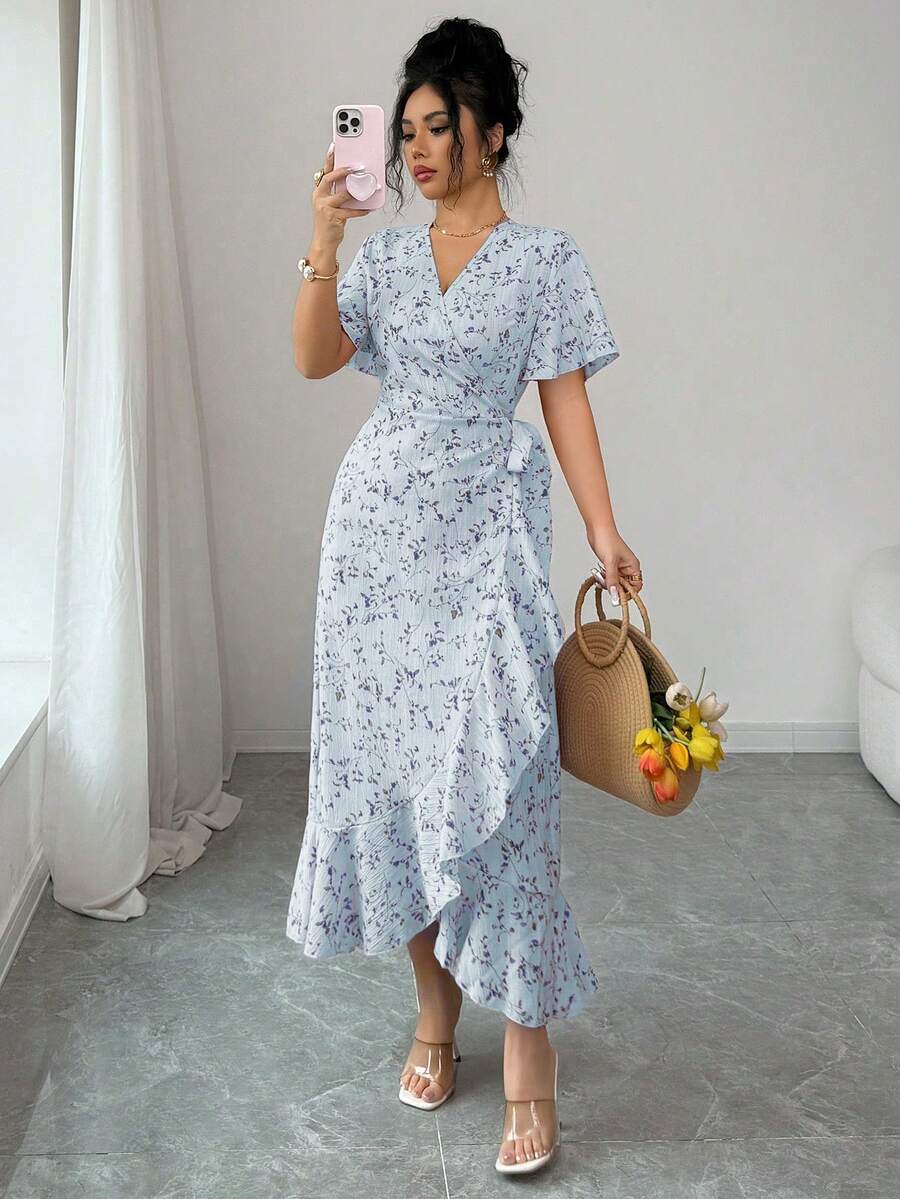 Elenzga Women's Elegant Casual Small Ditsy Floral Wrap V-Neck Ruffle Sleeve Irregular Hem Maxi Dress, Spring/Summer - Baby Blue - View 1