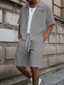 PAVTROS Men's Letter Embroidered Casual Shirt And Shorts Set - Grey - View 2