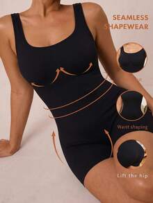 SHEIN BAE CURVE Plus Size Solid Shapewear Casual Comfy Strong Level Medium Stretch Unitard Romper - Black - View 1