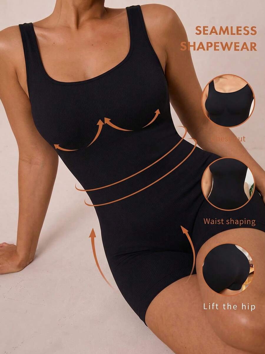 SHEIN BAE CURVE Plus Size Solid Shapewear Casual Comfy Strong Level Medium Stretch Unitard Romper - Black - View 1