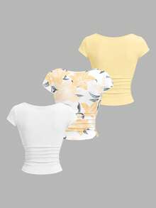 SHEIN EZwear 3件組女款休閒百搭收腰打褶短袖修身T恤，夏季百合印花圖案T恤與素色T恤女上衣套裝 - 彩色 - 查看 2