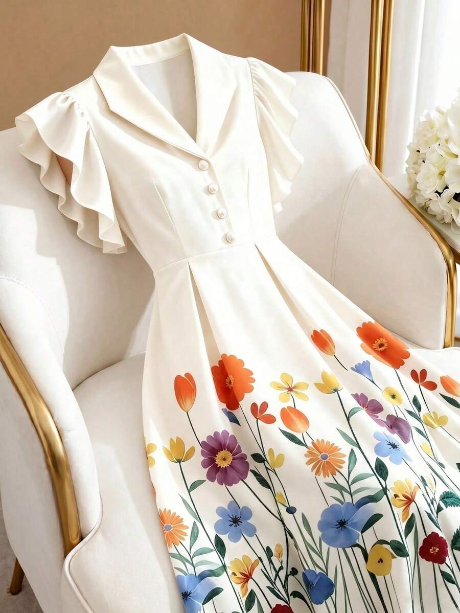 GlowEve Floral Print Pearl Button Collar A-Line Flare Sleeve Elegant Sweet Dress, Apricot Color - Multicolor - View 1