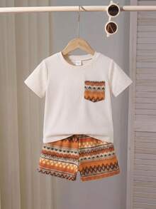 SHEIN Young Boy Round Neck Pocket Short Sleeve T-Shirt And Contrast Color Shorts Casual Daily Outfit - Khaki - View 9