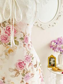 age con textura de jacquard con rosas, parches de encaje, volantes, lazo, mangas de mariposa, casual, para verano, vacaciones, fiestas, bodas, graduaciones, paseos, vacaciones, en color rosa - Rosa - Ver 4