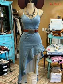 NostaNoir Women's Fashion Asymmetric V-Neck Spaghetti Strap  Dress - Blue - View 3