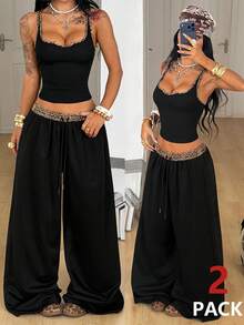 Coolane Conjunto de 2 piezas para mujer de estilo Y2K Gyaru, top de tirantes ajustado con aberturas y pantalones holgados de cintura baja, ropa deportiva casual de uso diario y estilo callejero para conciertos de verano - Multicolor - Ver 4