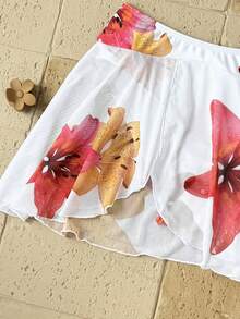 SHEIN 少女花卉印花比基尼3件套，適合海灘度假、夏威夷度假，白色夏季熱帶風，適合少女 - 杏色 - 查看 5