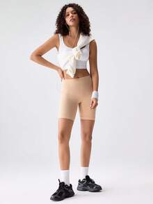 Loungeista Mid-High Waisted Seamless Tummy Control Shorts For Women, Knee Length, Anti-Chafing Cycling Shorts - Apricot - View 8