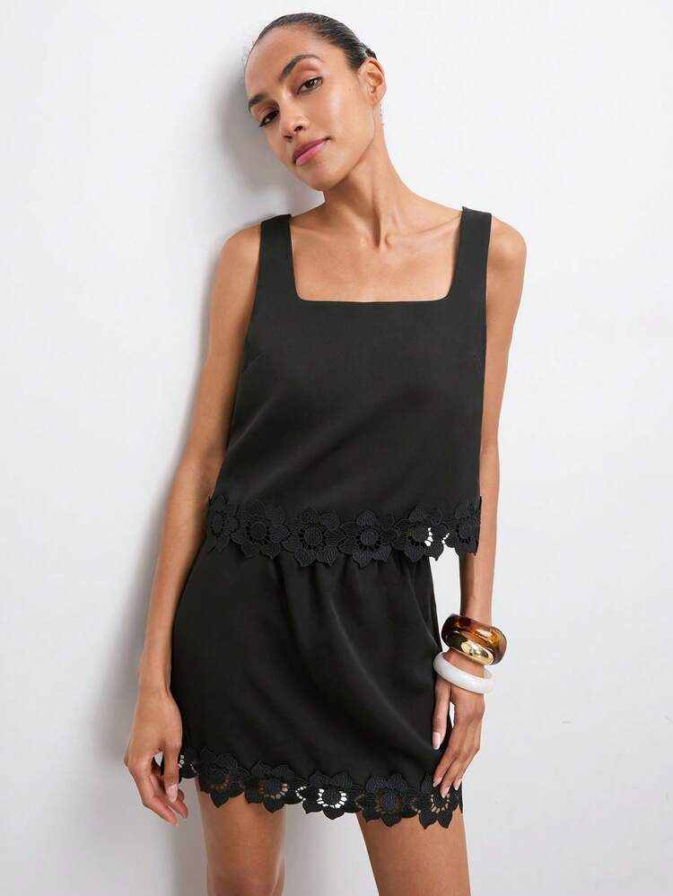 SHEIN Maija Women's Elegant Black Summer 2 Pieces Set,Lace Patchwork Square Neck Camisole & Mini Skirt,Casual Brunch Outfits,Beach Vacation Holiday Clothes