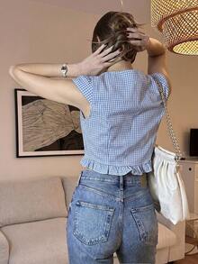 Pariaura French Style Blue V-Neck Button Ruffle Hem Women Blouse - Blue - View 2