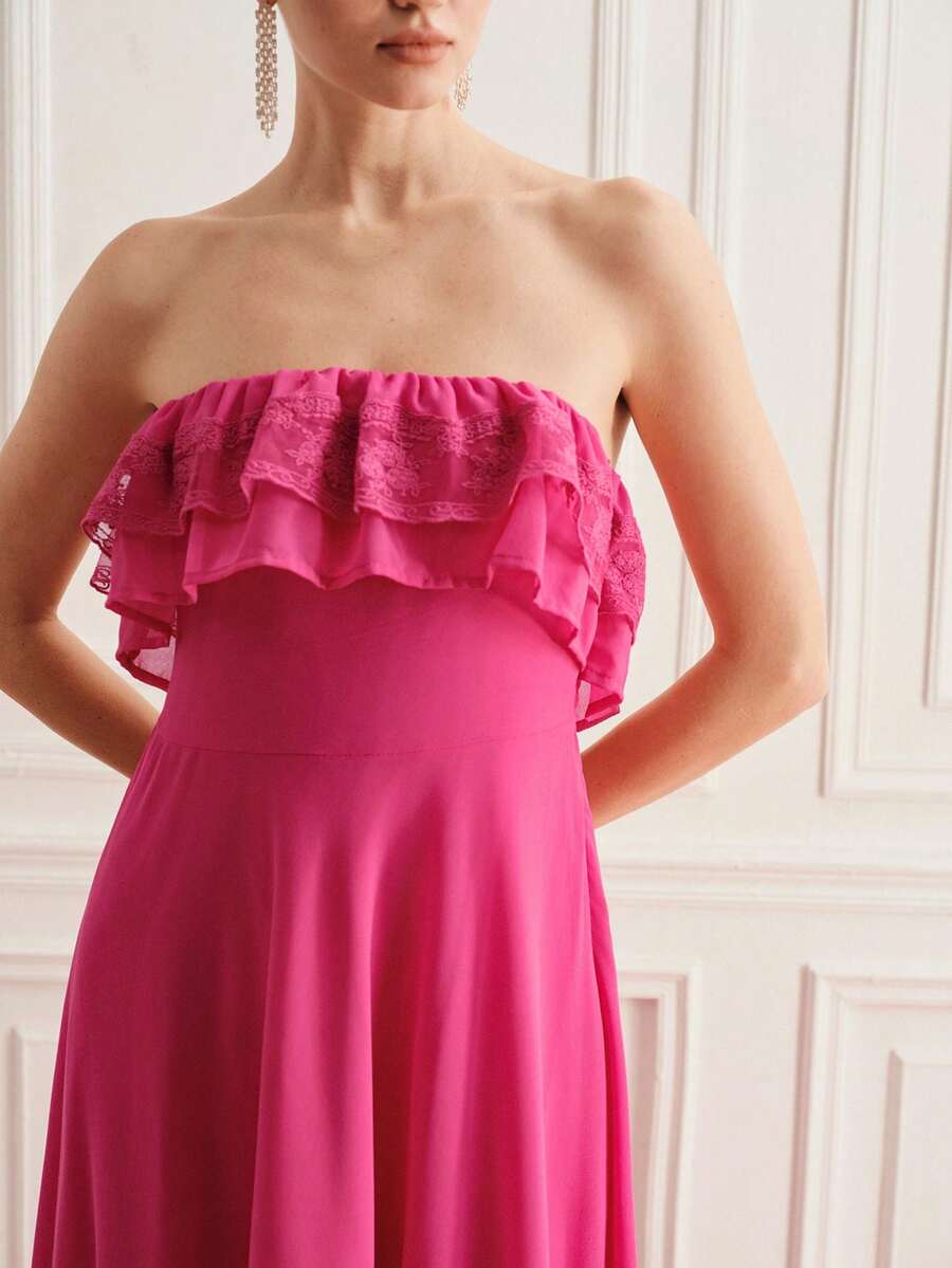 BELROSIE Summer Fuchsia Pink Chiffon Double-Layer Ruffle Contrast Lace Dress,Elegant Dining Fitted Silhouette With Flared Skirt,Delicate Flowing Dress - Hot Pink - View 1