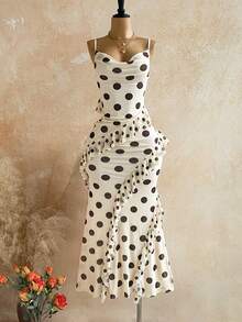 Soleia Women's Vacation Cream Yellow Vintage Polka Dot Print Ruffled Collar Multi-Layered Ruffle Hem Spaghetti Strap Dress - Light Yellow - View 6