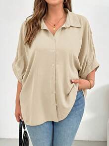 SHEIN Essnce Plus Size Women's Khaki Sommar Smart Casual Shirt,Everyday Loose Breathable Button Blouse,Work Tops,Teacher Shirts,Comfortable Versatile Simple Style - Apricot - View 4