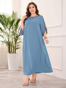 Lacomfia Fashionable & Elegant Plus Size Women Applique Decor 3/4 Sleeve Dress Fall - Blue Day - View 5