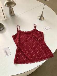 K-Vae 白色波点蕾丝边吊带背心，甜美可爱修身夏季上衣，柔软针织面料，韩式休闲百搭，街头风，必备叠穿单品 - 酒紅色 - 查看 3