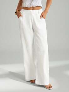 SHEIN Tall 100% Washed Cotton Low Waist Straight Pants - White - View 6