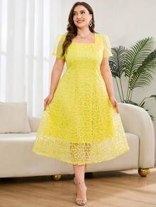 Reflora Plus Size Elegant Solid Color Embroidered Mesh Summer Dress - Yellow - View 7