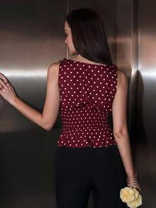 Bris Aura 女士优雅波点肩部系带蝴蝶结腰部抽绳无袖上衣，休闲百搭吊带背心，适合日常穿着，春夏波点荷叶边上衣 - 酒紅色 - 查看 2