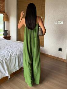 Livesso Women's Solid Color Pleated Summer Casual Camisole Jumpsuit Loungewear Pajamas - Green - View 2