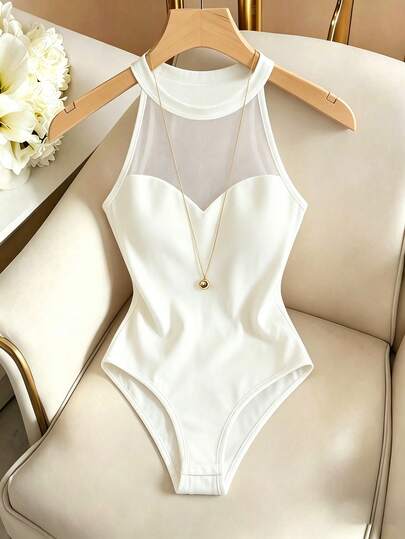 SHEIN Franclia Dámské elegantní body, dámské módní průsvitné síťované body se stojáčkem, bílé body, síťované body, body bez rukávů s ramínky, vhodné na jaro, léto, podzim a zimu, body na outdoor, plážové šaty a dojíždění