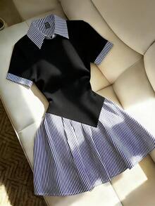 Franclia 女士优雅蓝条纹衬衫领拼接黑色罗纹腰A字迷你连衣裙，夏季连衣裙，女士夏季套装，派对连衣裙，优雅派对连衣裙，沙滩连衣裙，婚礼宾客连衣裙，毕业典礼连衣裙，女士优雅连衣裙，女士休闲连衣裙，女士度假套装，正式连衣裙，社交连衣裙，Y2K风格，女士通勤套装，女士办公室套装，喇叭裙，黑色连衣裙，条纹拼接，短袖连衣裙，修身连衣裙，弹力修身，时尚百搭 - 黑色 - 查看 1