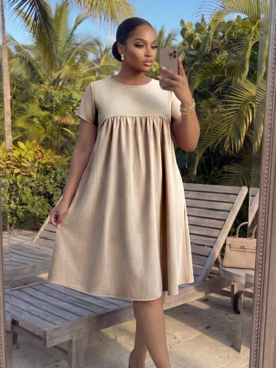SHEIN Lady CURVE 大尺碼夏季休閒素色短袖洋裝