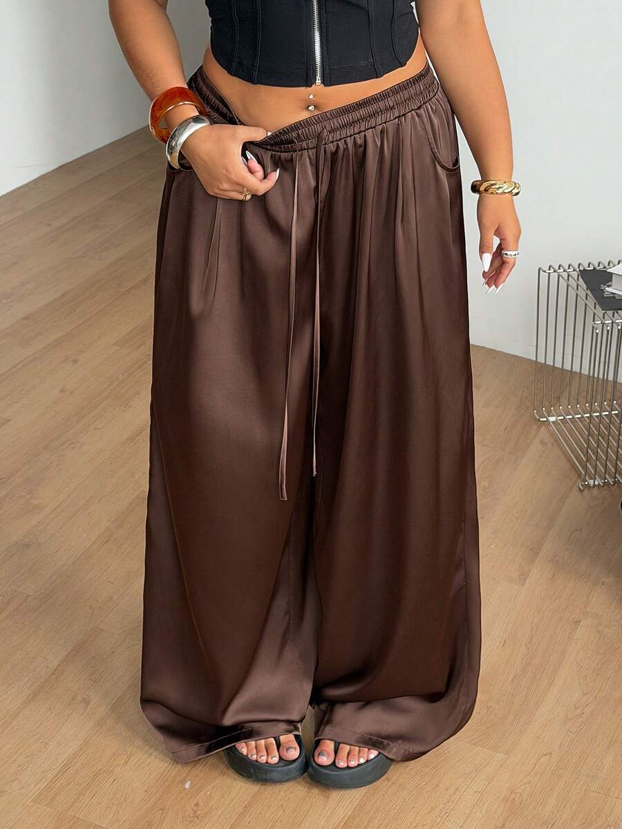 Coolane Plus Size Women Solid Color Drawstring Waist Pockets Wide Leg Loose Casual Pants - Coffee Brown - View 1