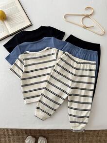 SHEIN LMoss Kids 6pcs Baby Boy Knitted Solid Striped Casual T-Shirt And Pants Set - Multicolor - View 3