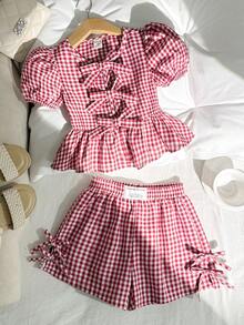 SHEIN 【隨機3款，發1套】女童編織條紋蝴蝶結裝飾休閒背心短褲套裝 - 黃色 - 查看 3