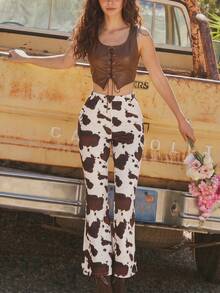 SHEIN MOD Retro Cow Print Flare Pants For Vacation - Multicolor - View 1