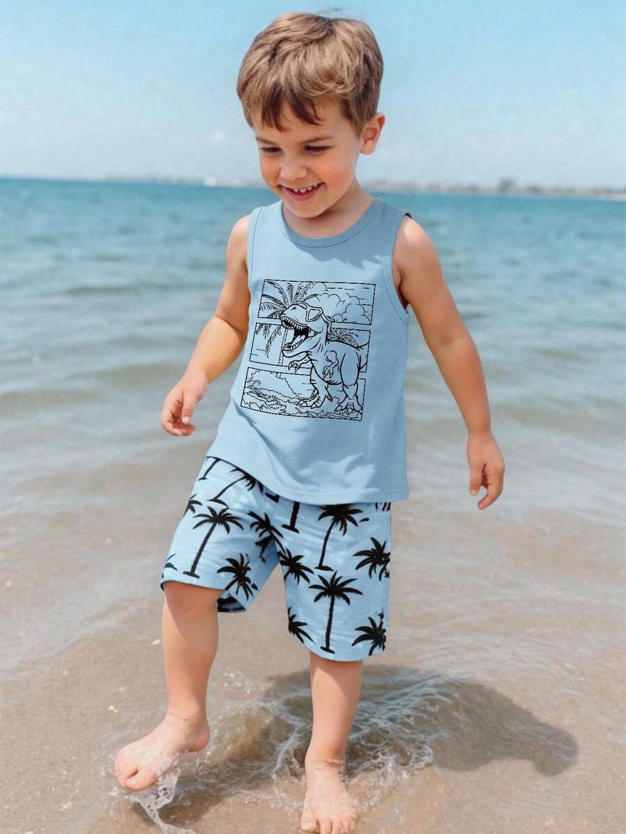 Áo ba lỗ sát nách họa tiết hoạt hình thường ngày cho bé trai, phù hợp mặc mùa hè; in đồ họa vẽ tay khủng long phong cách retro cổ điển thời thượng, phù hợp đi du lịch biển - Màu xanh nhạt - Xem 1