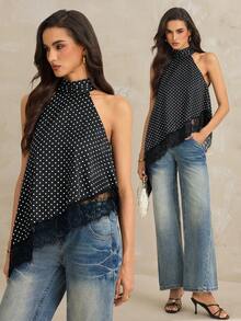 SHEIN Tall Women's Black And White Polka Dot Asymmetrical High Neck Halter Top With Lace Trim,Elegant Summer Sleeveless Top For Day Party Wedding Guest, Tall Women - Black - View 1