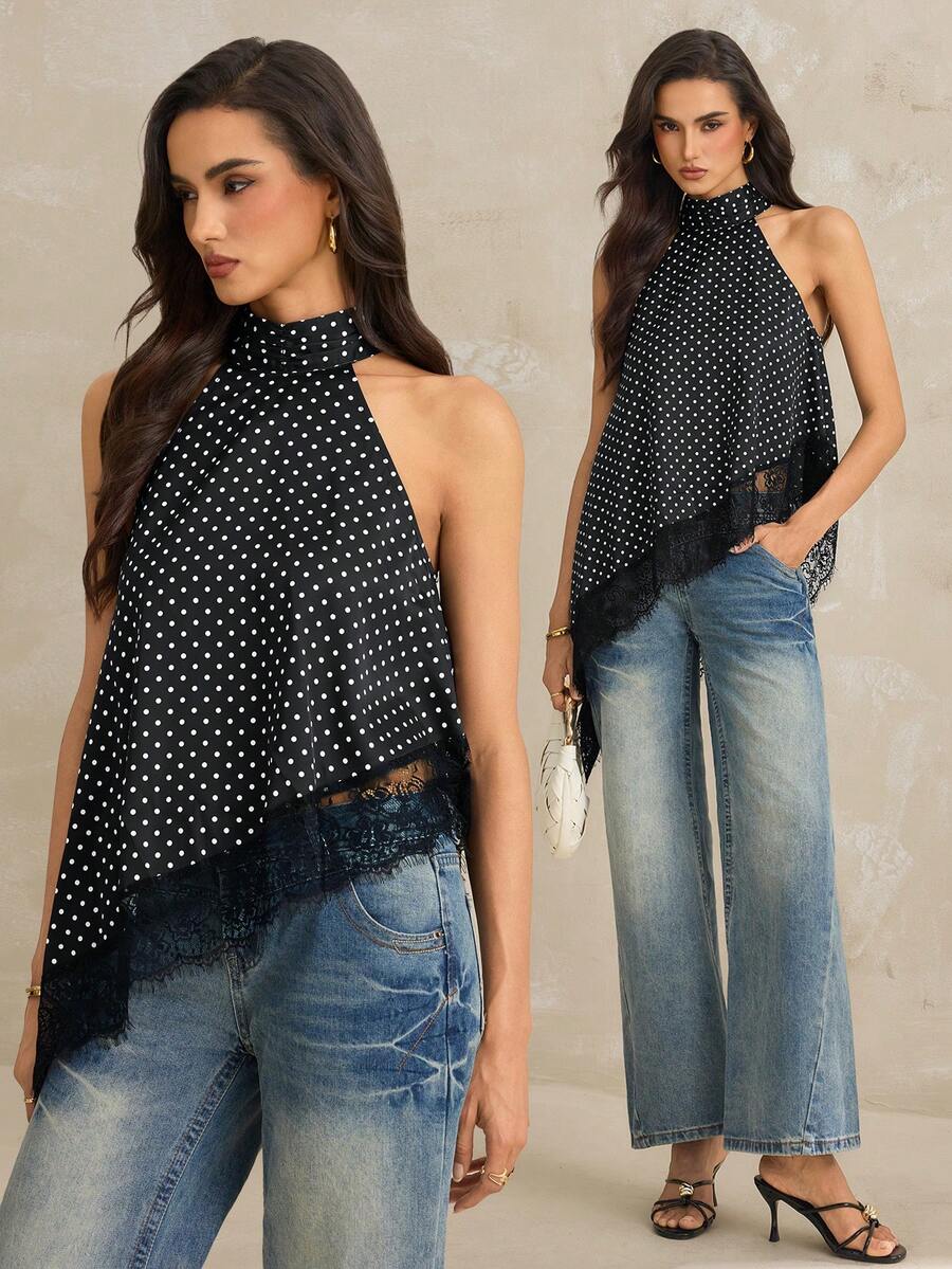 SHEIN Tall Women's Black And White Polka Dot Asymmetrical High Neck Halter Top With Lace Trim,Elegant Summer Sleeveless Top For Day Party Wedding Guest, Tall Women - Black - View 1