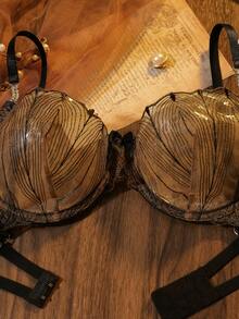 Divavoom 2pcs Sexy Embroidered Women's Lingerie Set, Rhinestone Strap Embroidered Underwire Bra + Thong Panty - Coffee Brown - View 5