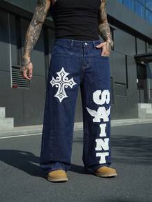 Manfinity Roghcode Men's Letter Cross Graphic Wide Leg Loose Casual Streetwear Jeans Holiday Dark Blue Summer, Gothic Style - Dark Wash - View 3