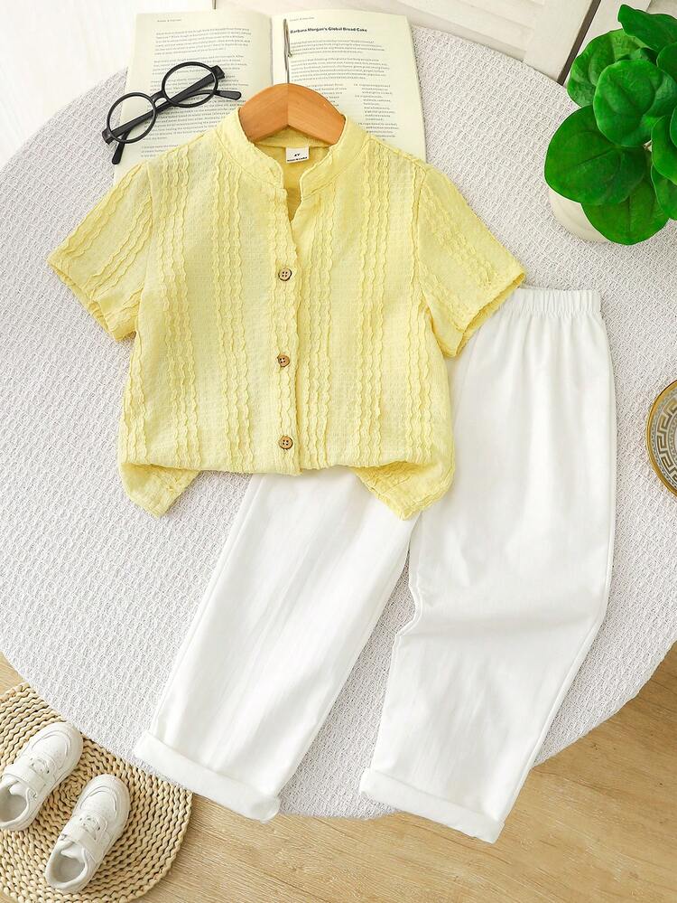 Cozy Pixies Bộ 2 món cho bé trai: Áo cổ tàu ngắn tay & Áo sơ mi vàng vân nổi & Quần ống đứng, phong cách Trung Hoa tối giản, đồ mùa hè, trang phục đi học thường ngày, thiết kế độc đáo cho bé trai - Nhiều màu - Xem 1