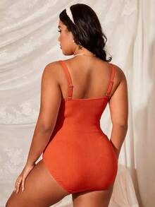Slaydiva Plus Size Women Solid Color Ruffle Trim One-Piece Swimsuit Beach Vacation Orange Summer Sexy - Yellow - View 2
