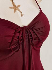 SHEIN ICON 大码女式纯色前系带褶皱吊带裙 - 酒紅色 - 查看 9
