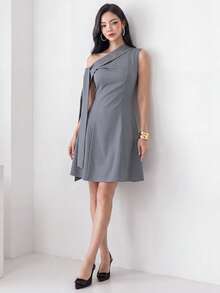 Heiryn Vestido de moda para mujer con un hombro, tirante con lazo y fruncido - Gris - Ver 5