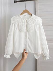 SHEIN 青少年女孩優雅刺繡荷葉領長袖鈕扣前開休閒公主襯衫，適合學校、度假、旅行、生日派對，春季/秋季 - 白色 - 查看 6