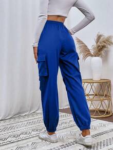 SHEIN Unity 女款純色抽繩腰工裝口袋休閒長褲 皇家藍 秋季 度假 日常 正式 - 藍色 - 查看 2