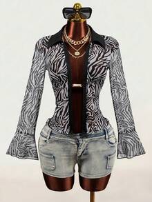 Mistrie Women's Zebra Print Flare Sleeve Fashionable Sexy Elegant Blouse Night Out Club Night White And Black Summer - Black - View 6