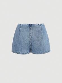 SHEIN MOD 女款不對稱下擺側綁帶牛仔迷你裙褲，淺藍色夏季街頭休閒日常外出穿搭 - 藍色 - 查看 2