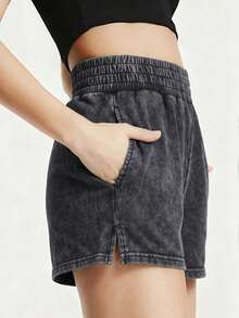 SHEIN 2026 New Tween Girls' Denim Shorts, Summer Fashion Casual Style. Grey Acid Wash, Elastic Waistband With Slit Hem Design, Straight Loose Fit. - Black - View 2