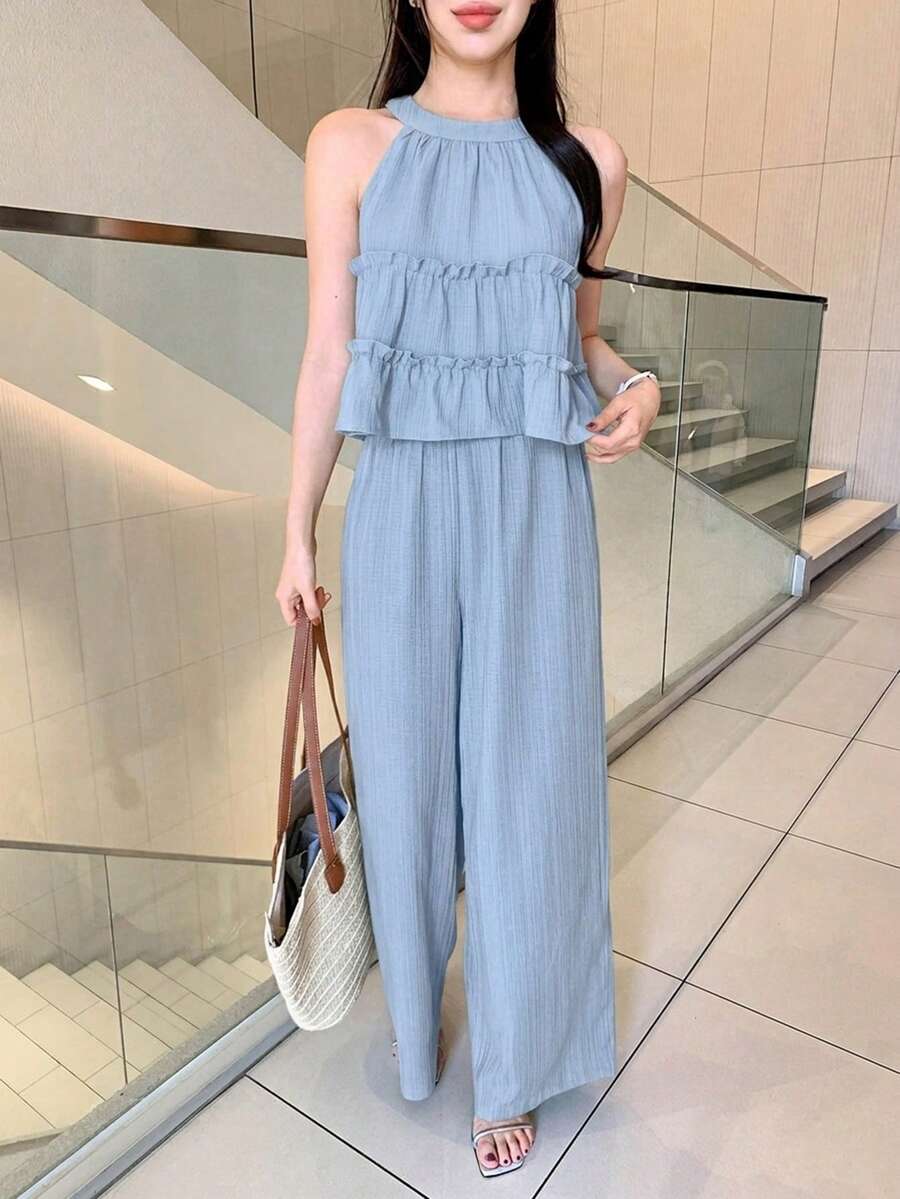 DAZY 春夏純色荷葉邊無袖上衣與寬腿褲女款兩件套 - 淺藍色 - 查看 1