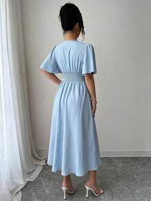 SHEIN Elenzya Women's Solid Color Cotton-Feel Overlap V-Neck Ruffle Short Sleeve Elegant Midi Dress - Baby Blue - View 2