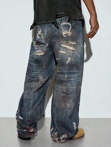 Modcrash 男士牛仔褲，街頭風 Y2K 破舊復古撕裂設計，丹寧，寬鬆，春夏，藍灰色 - 藍色 - 查看 2